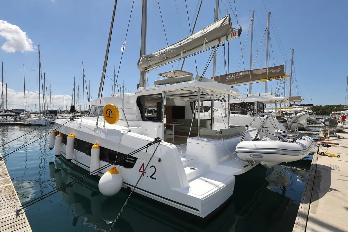 Exterior view of Mademoiselle, a Bali 4.2 catamaran at Općina Rogoznica, Croatia