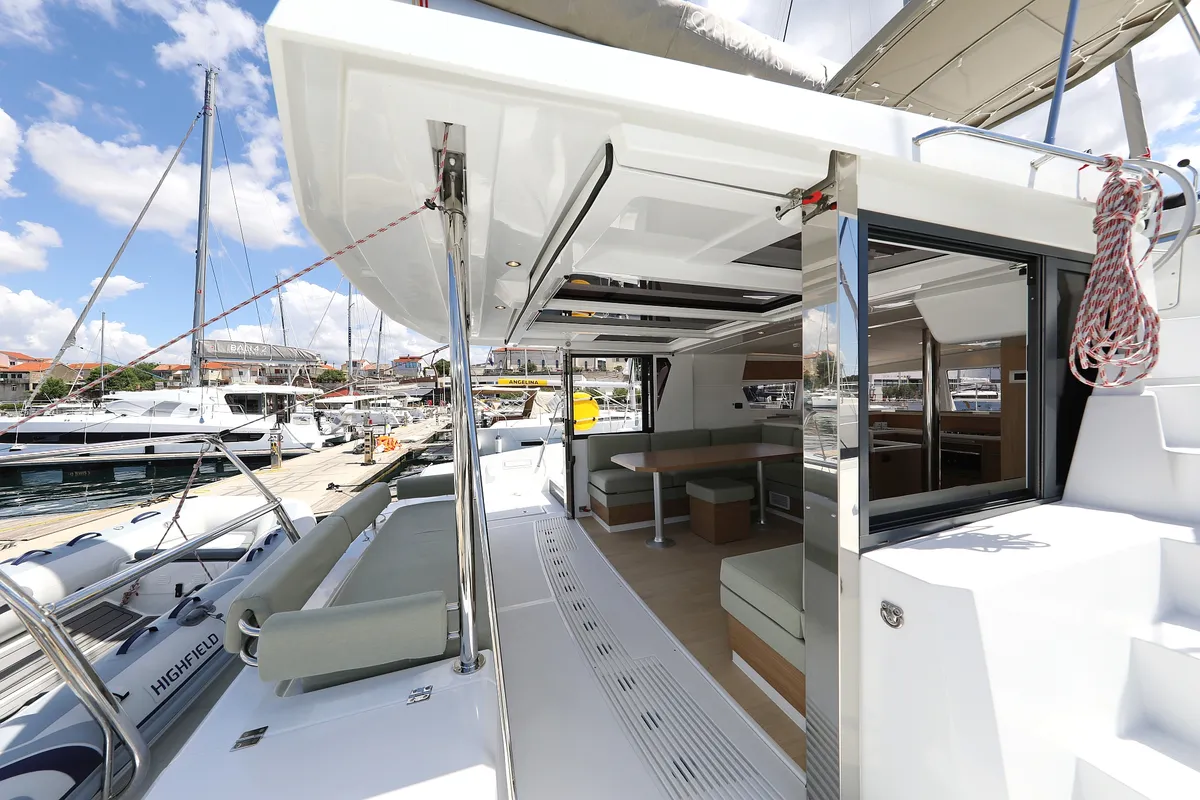 Deck of Mademoiselle, a Bali 4.2 catamaran at Općina Rogoznica, Croatia