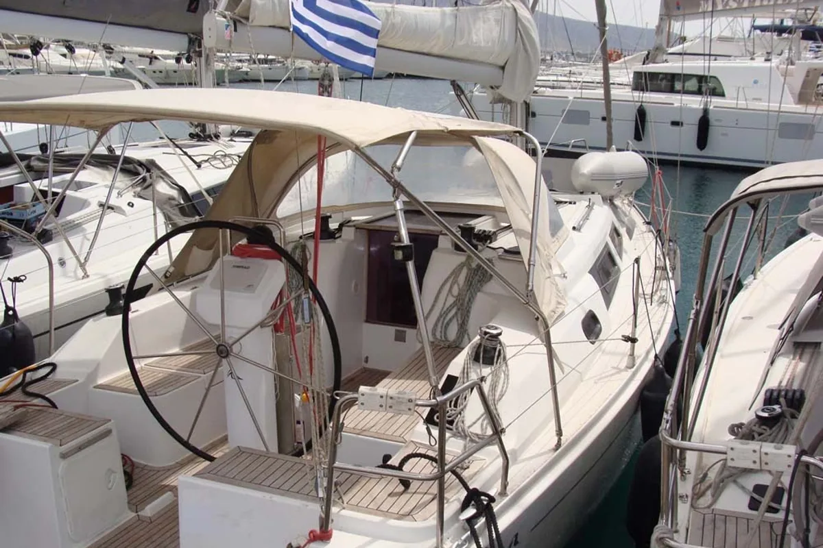 Cockpit of Selini, a Hanse 325 sailboat at Athens, Greece