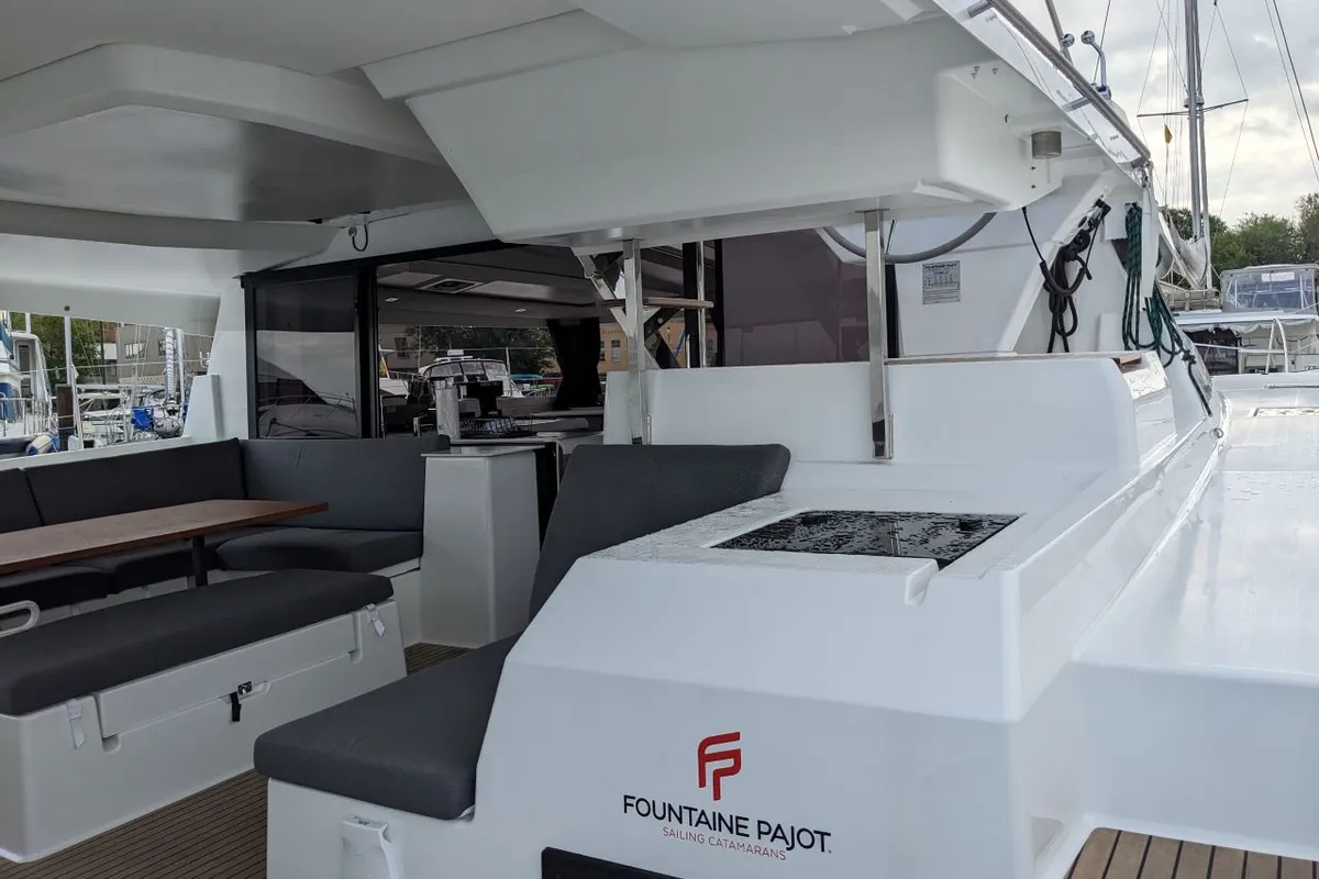 Deck of Dragonfly, a Fountaine Pajot Tanna 47 catamaran at Road Town, British Virgin Islands