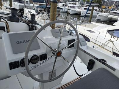 Cockpit of Dragonfly, a Fountaine Pajot Tanna 47 catamaran at Road Town, British Virgin Islands