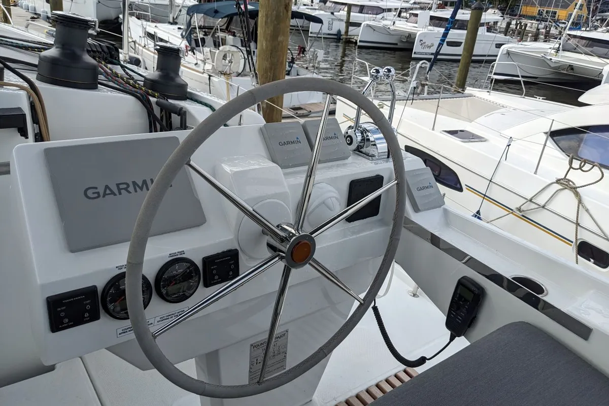 Cockpit of Dragonfly, a Fountaine Pajot Tanna 47 catamaran at Road Town, British Virgin Islands