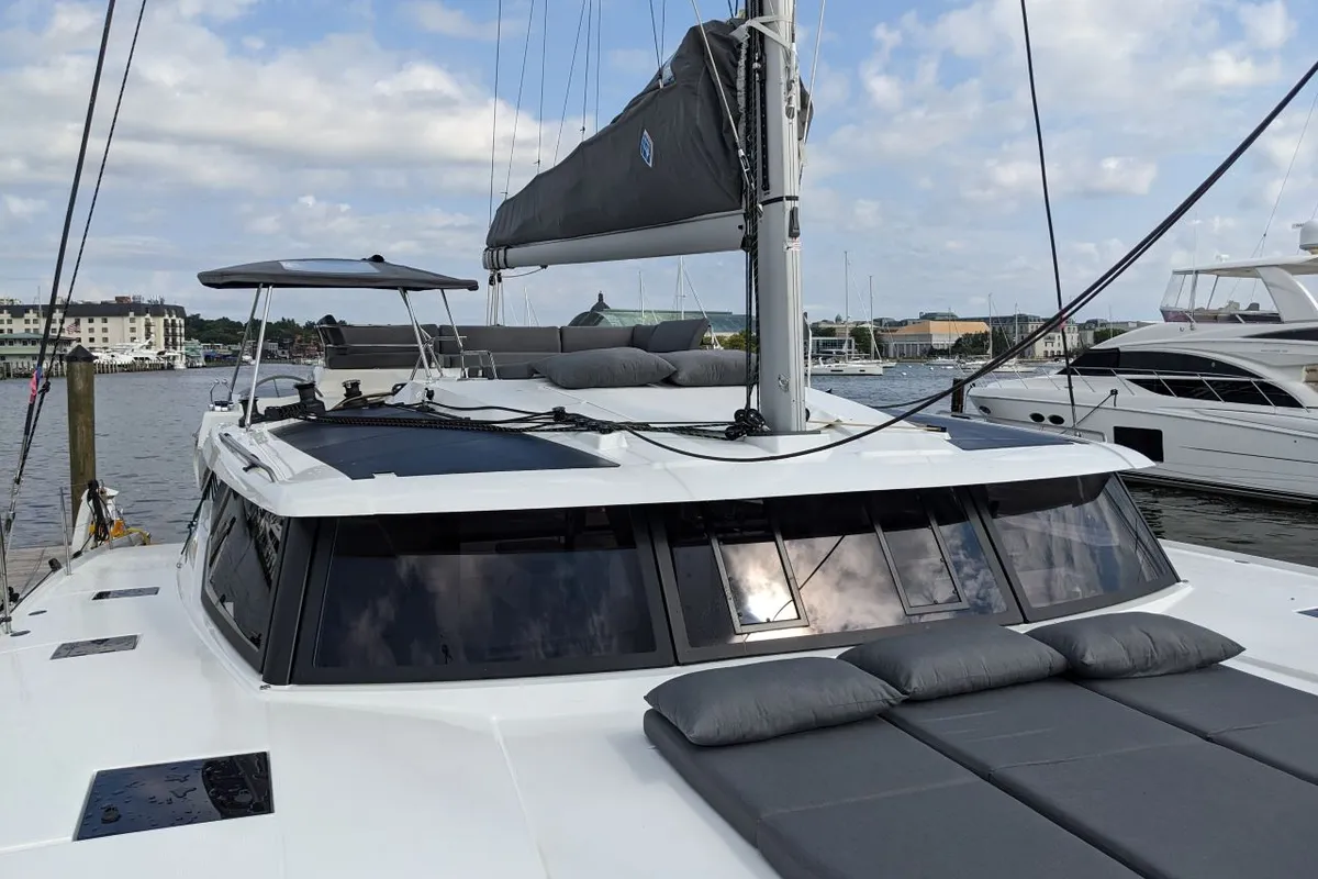 Exterior view of Dragonfly, a Fountaine Pajot Tanna 47 catamaran at Road Town, British Virgin Islands