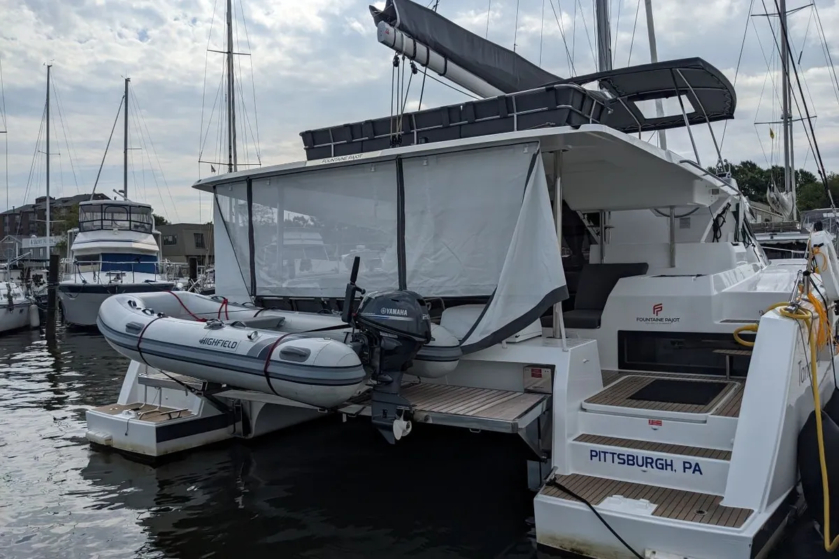 Exterior view of Dragonfly, a Fountaine Pajot Tanna 47 catamaran at Road Town, British Virgin Islands