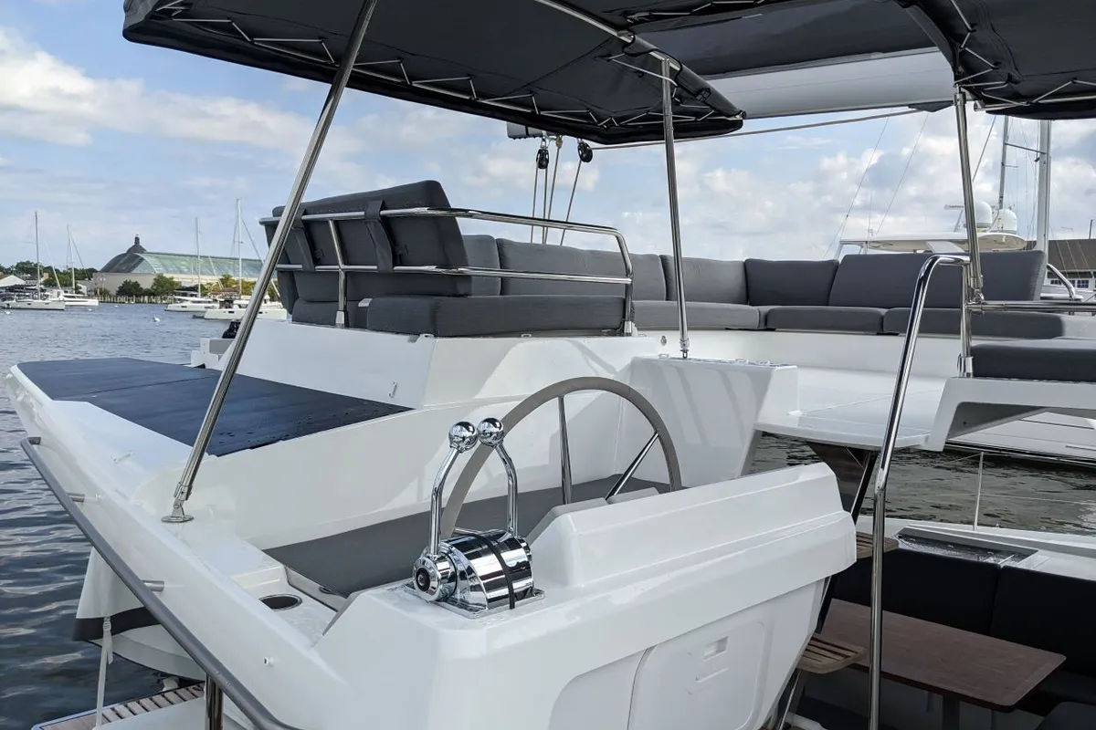 Cockpit of Dragonfly, a Fountaine Pajot Tanna 47 catamaran at Road Town, British Virgin Islands