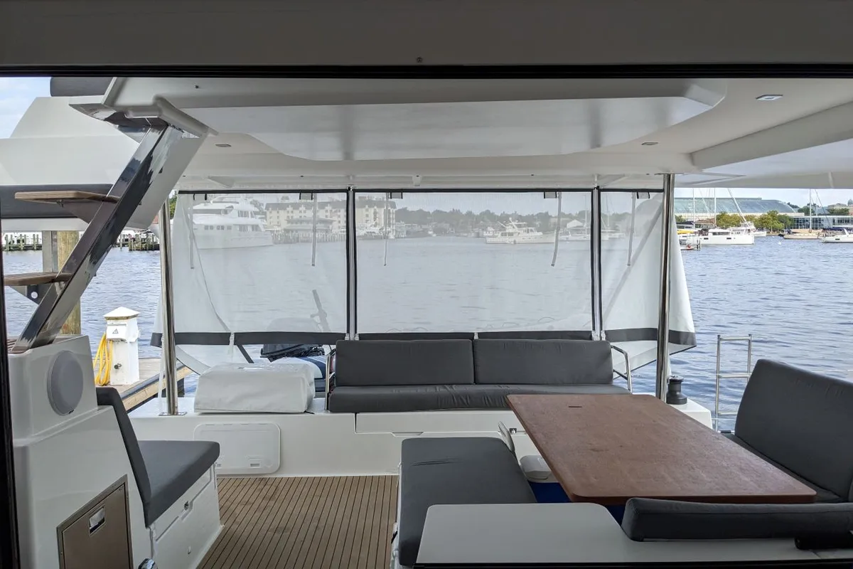 Deck of Dragonfly, a Fountaine Pajot Tanna 47 catamaran at Road Town, British Virgin Islands