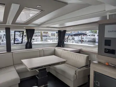 Salon of Dragonfly, a Fountaine Pajot Tanna 47 catamaran at Road Town, British Virgin Islands