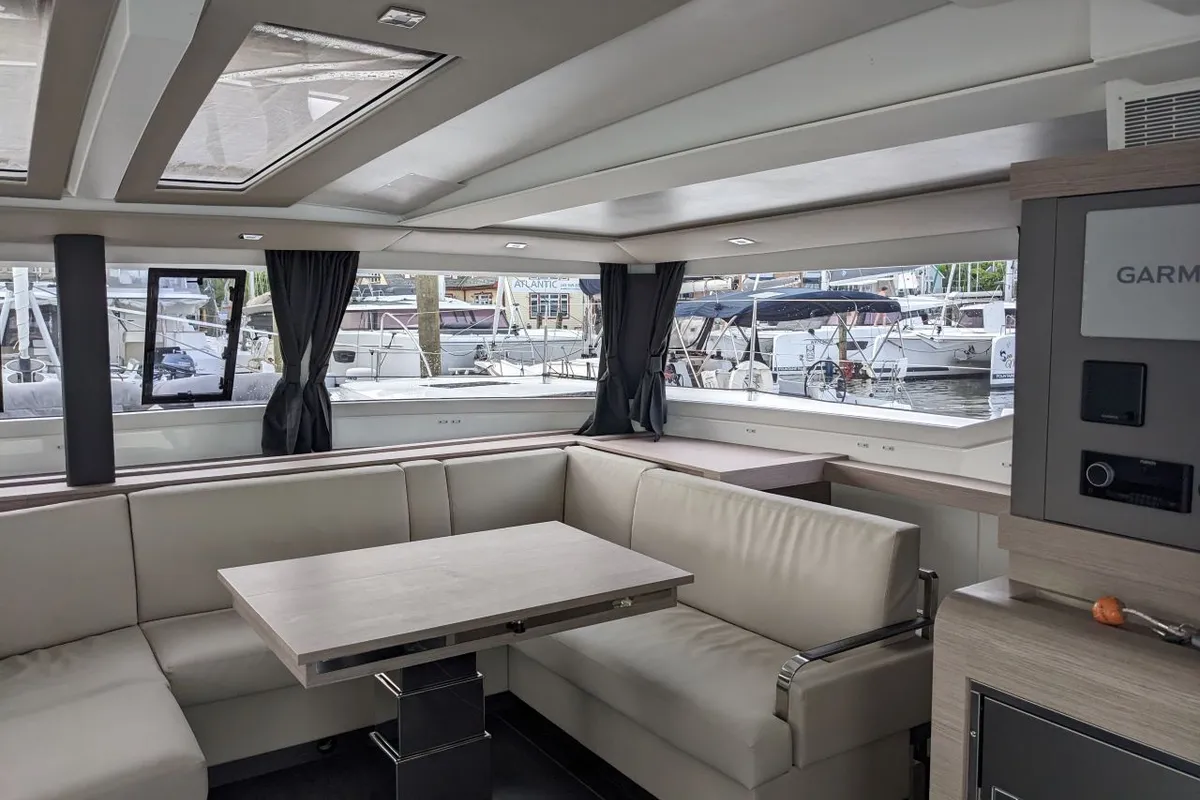 Salon of Dragonfly, a Fountaine Pajot Tanna 47 catamaran at Road Town, British Virgin Islands
