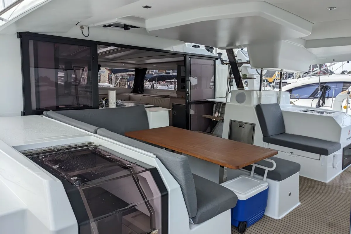 Deck of Dragonfly, a Fountaine Pajot Tanna 47 catamaran at Road Town, British Virgin Islands
