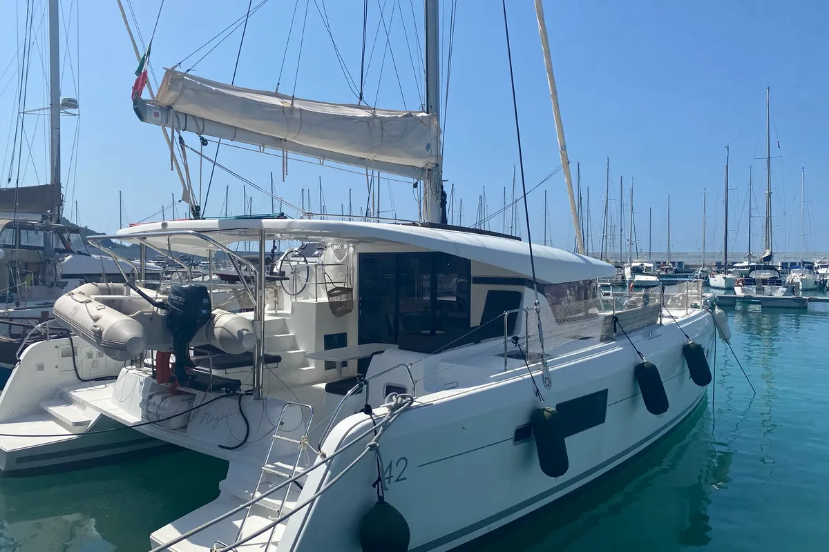 Exterior view of Lagoon 42, a catamaran at Capo d'Orlando, Italy