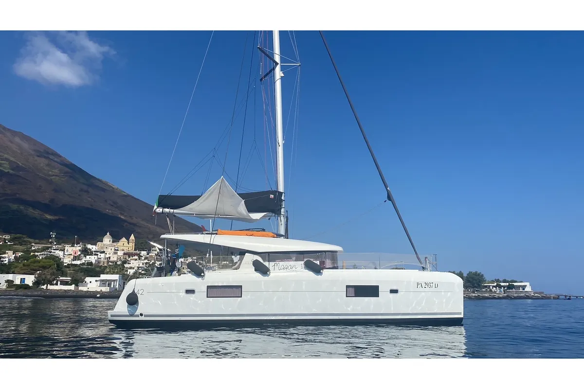 Exterior view of Lagoon 42, a catamaran at Capo d'Orlando, Italy