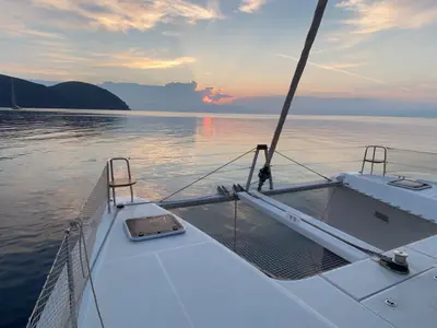 Deck of Lagoon 42, a catamaran at Capo d'Orlando, Italy
