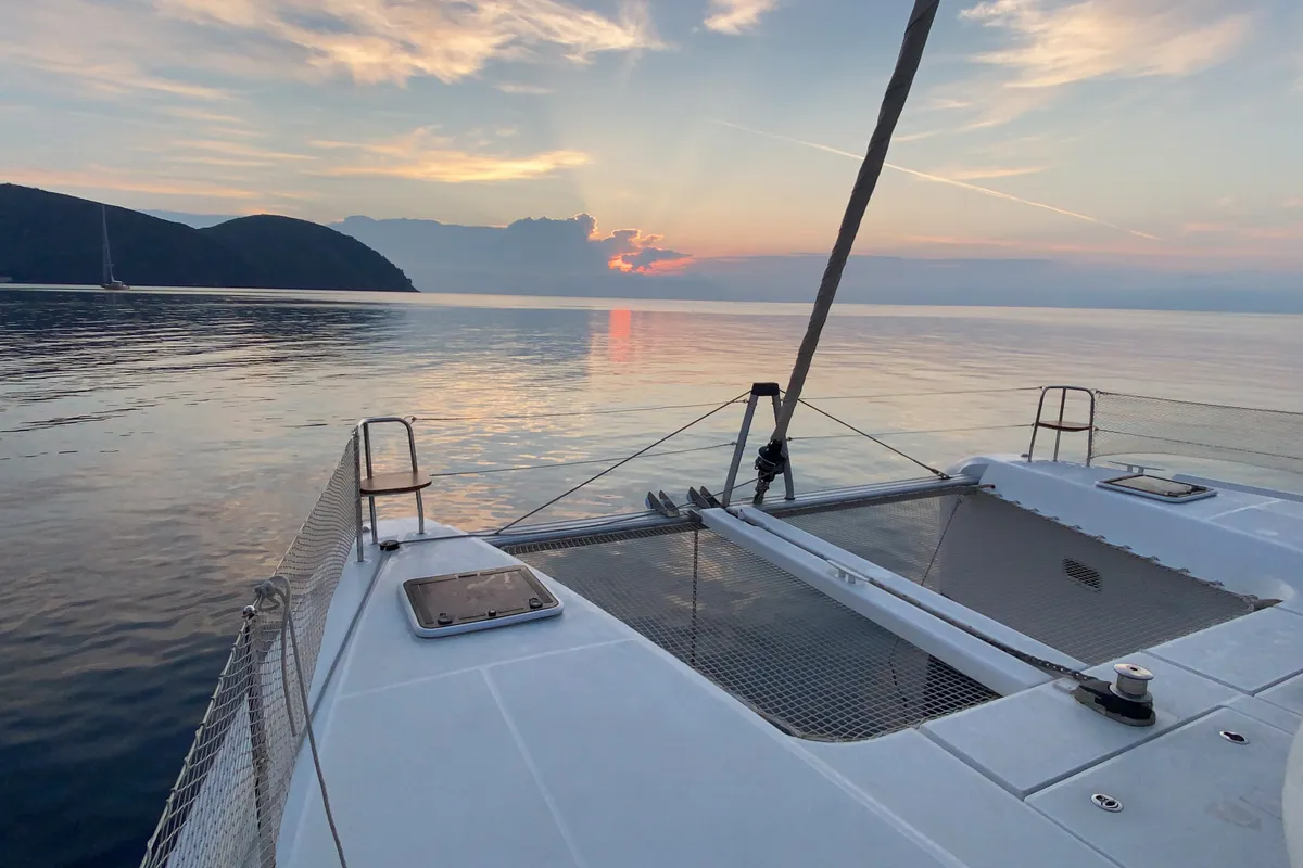 Deck of Lagoon 42, a catamaran at Capo d'Orlando, Italy