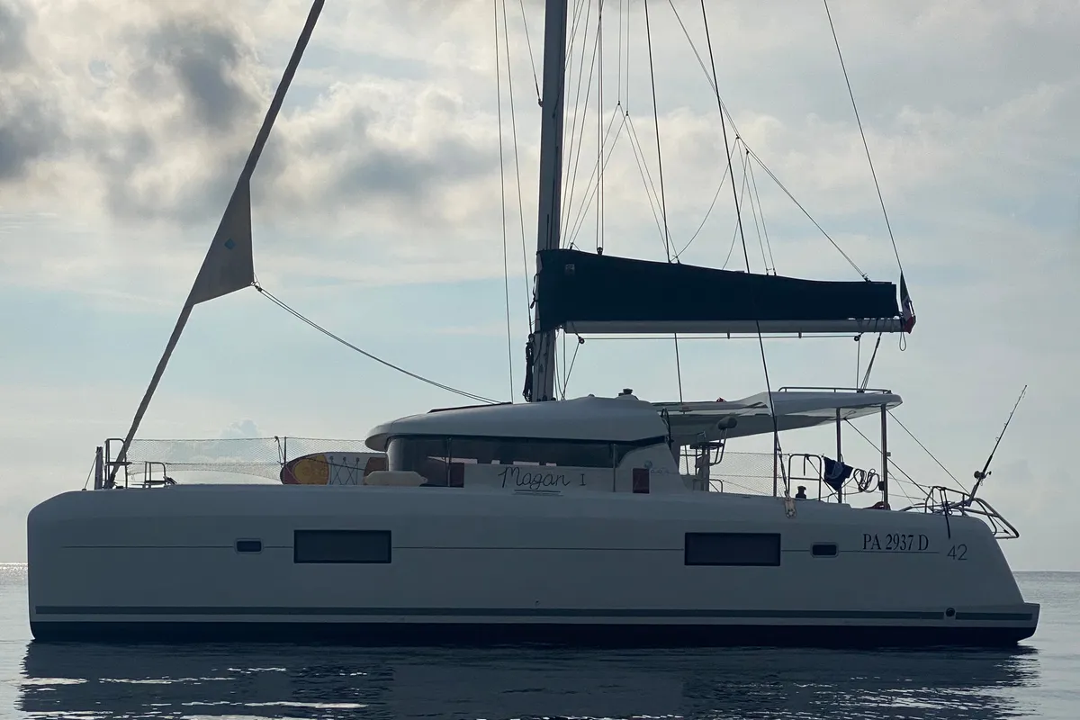 Exterior view of Lagoon 42, a catamaran at Capo d'Orlando, Italy