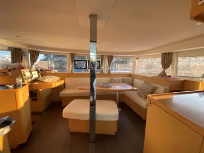 Salon of Lagoon 42, a catamaran at Capo d'Orlando, Italy