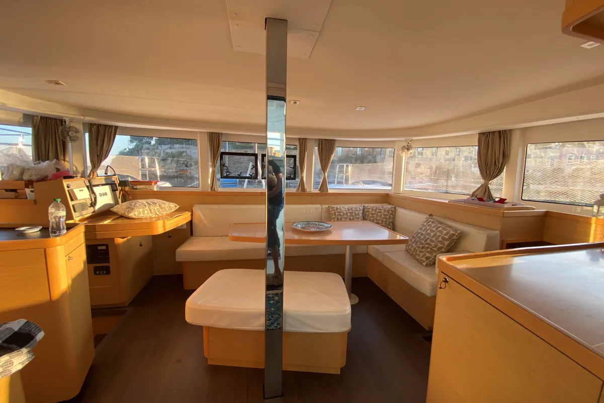 Salon of Lagoon 42, a catamaran at Capo d'Orlando, Italy