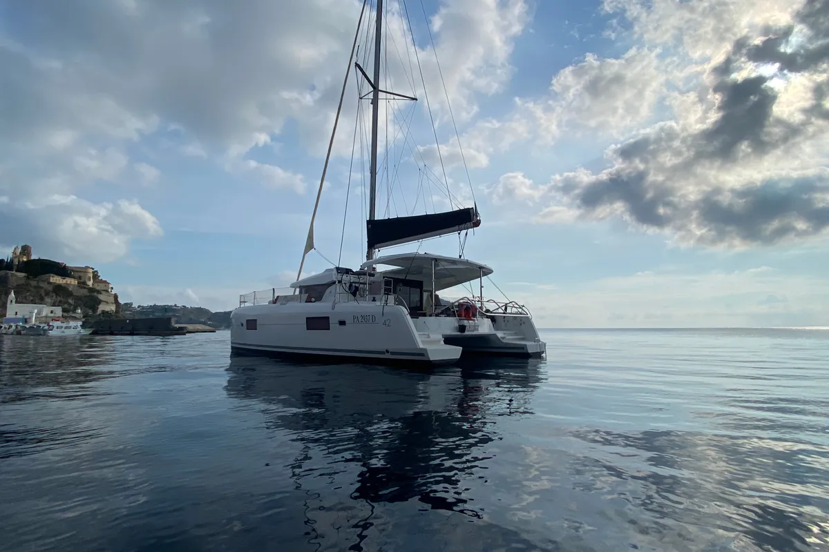 Exterior view of Lagoon 42, a catamaran at Capo d'Orlando, Italy