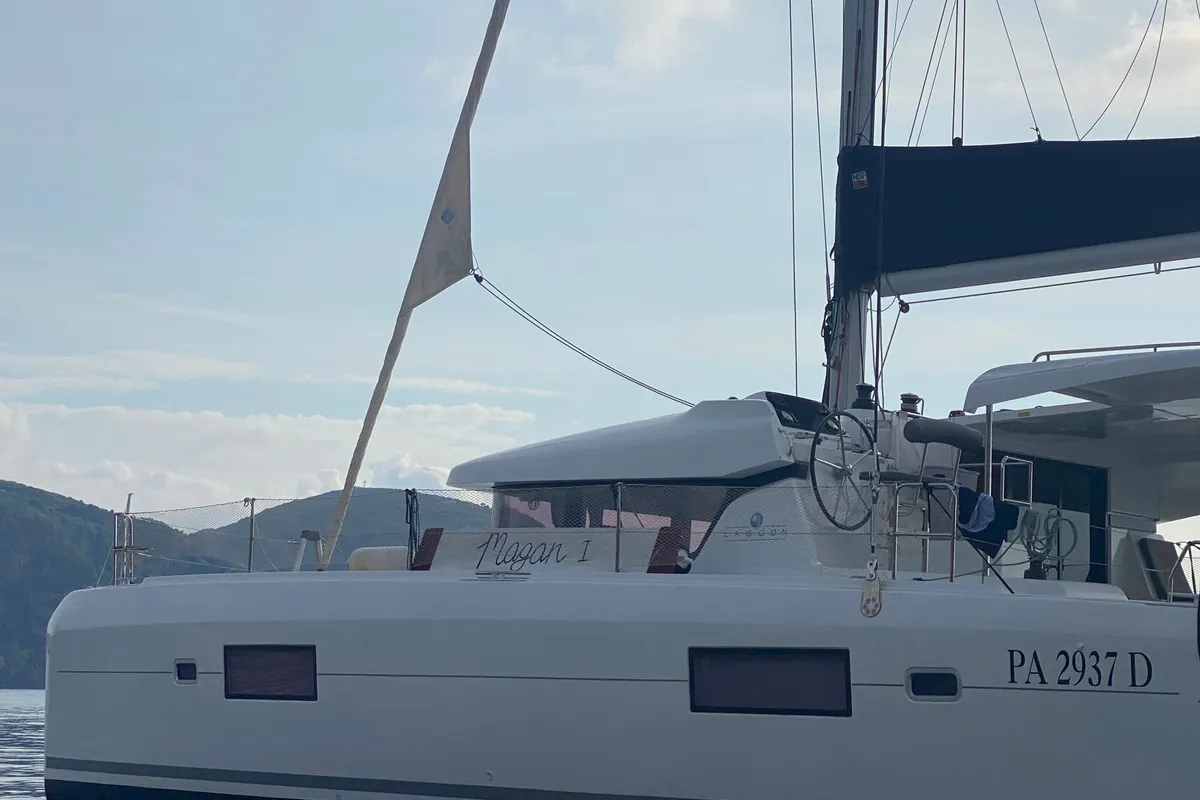 Exterior view of Lagoon 42, a catamaran at Capo d'Orlando, Italy