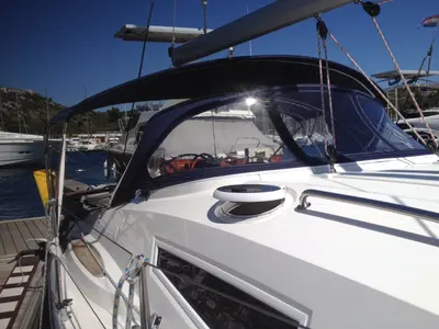 Deck of Sea Bird, a Elan Impression 344 sailboat at Primošten, Croatia