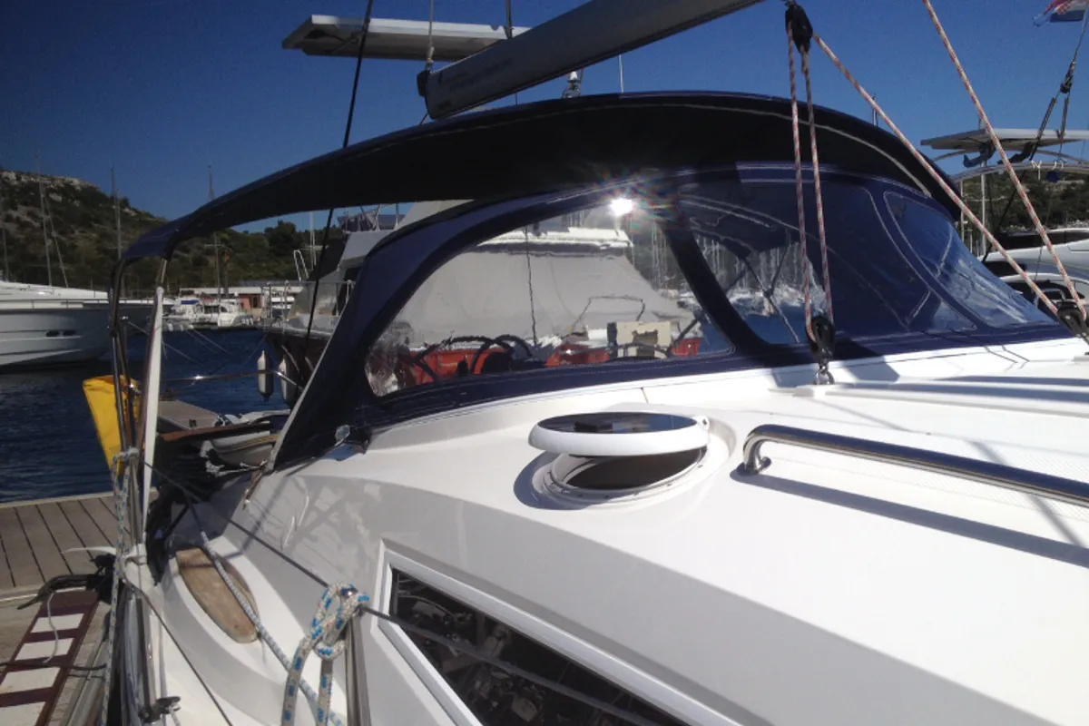 Deck of Sea Bird, a Elan Impression 344 sailboat at Primošten, Croatia