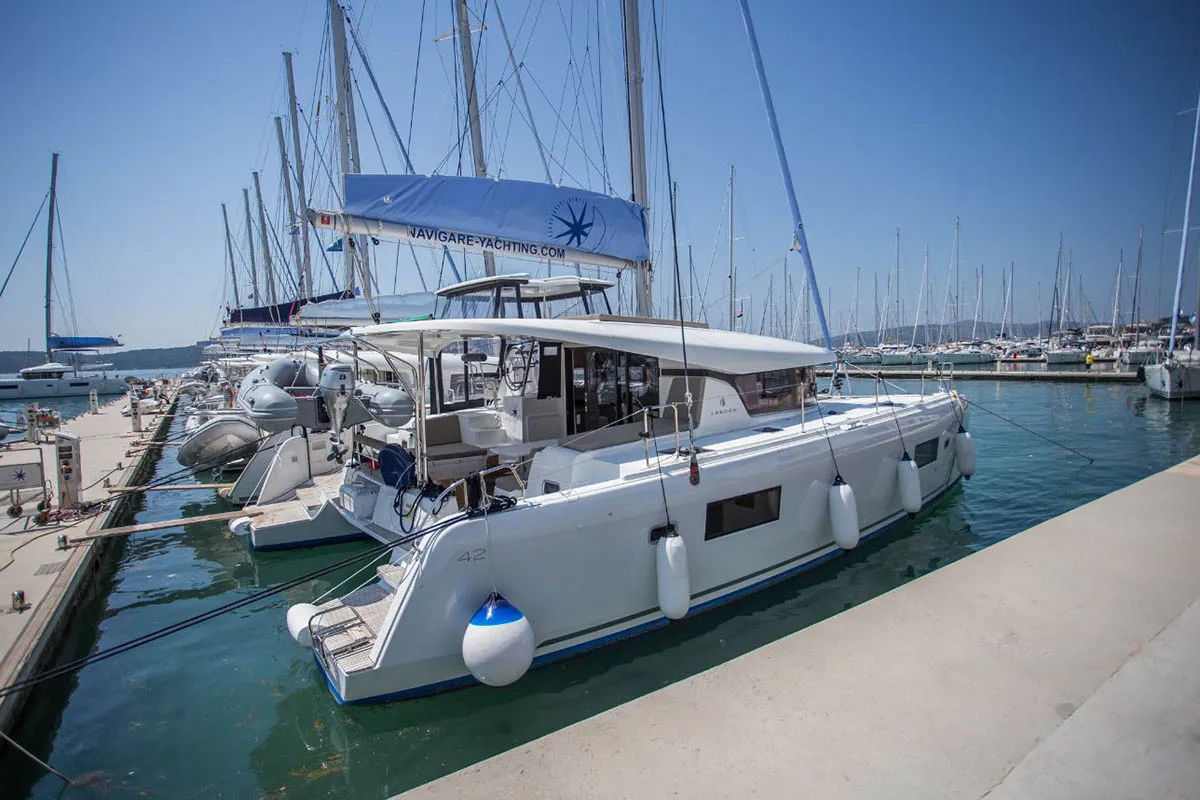 Head on Angela V , a Lagoon 42 catamaran at Seget Donji, Croatia