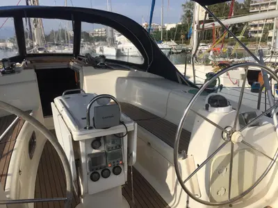 Cockpit of Stelios, a Bavaria 44 sailboat at Municipal Unit of Ellomenos, Greece