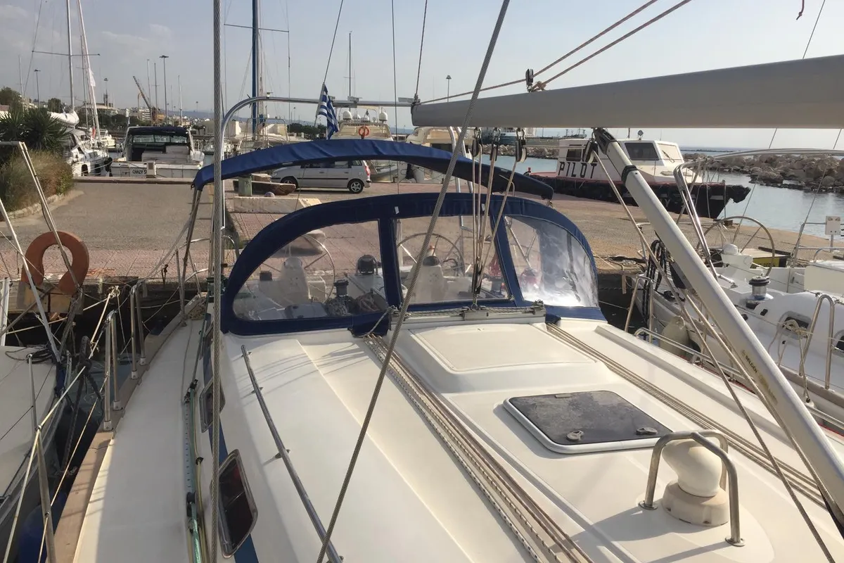 Deck of Stelios, a Bavaria 44 sailboat at Municipal Unit of Ellomenos, Greece