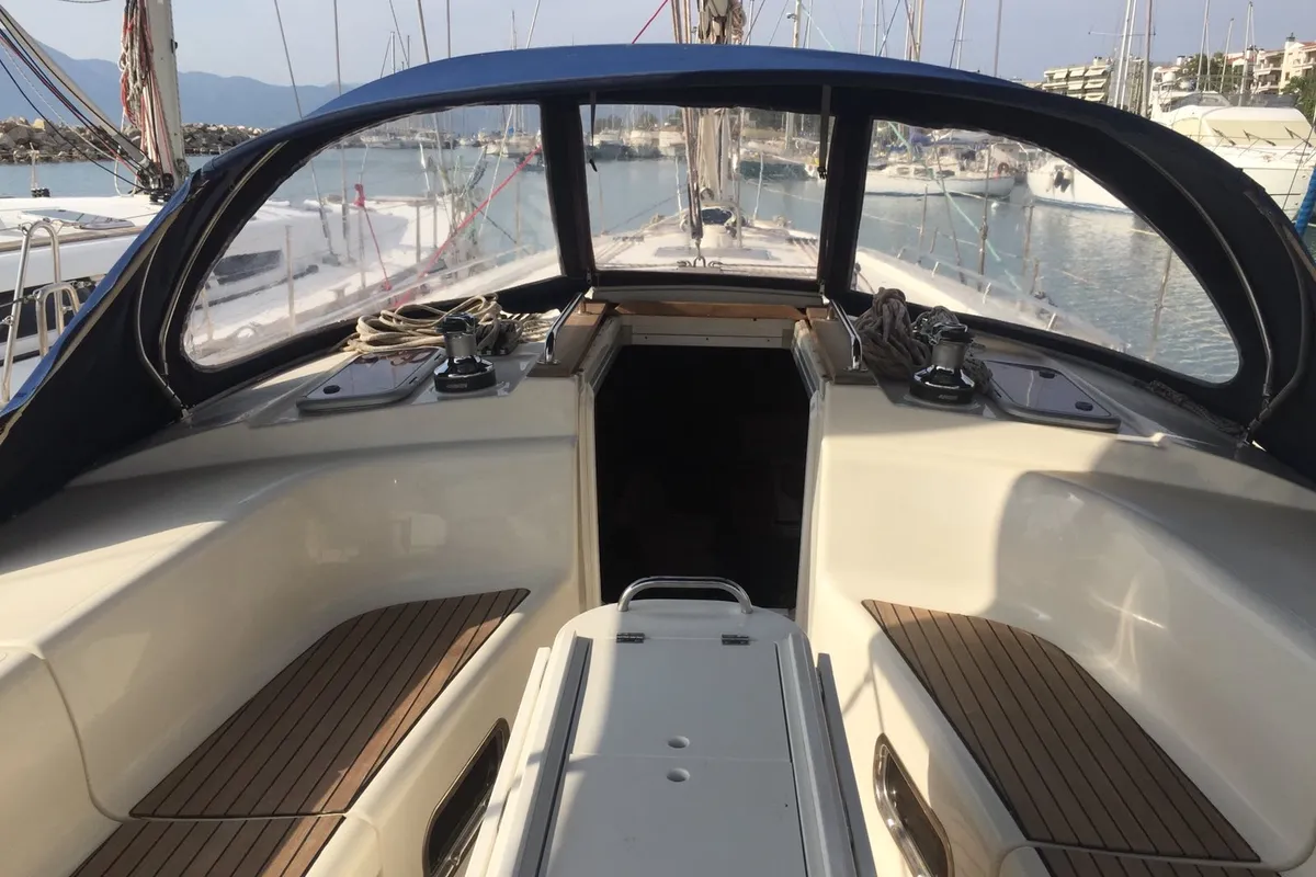 Cockpit of Stelios, a Bavaria 44 sailboat at Municipal Unit of Ellomenos, Greece