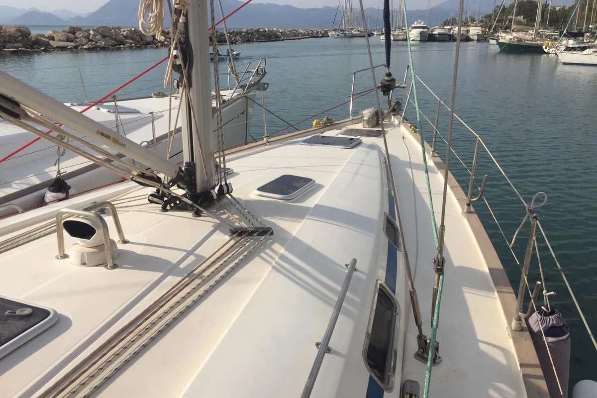 Deck of Stelios, a Bavaria 44 sailboat at Municipal Unit of Ellomenos, Greece
