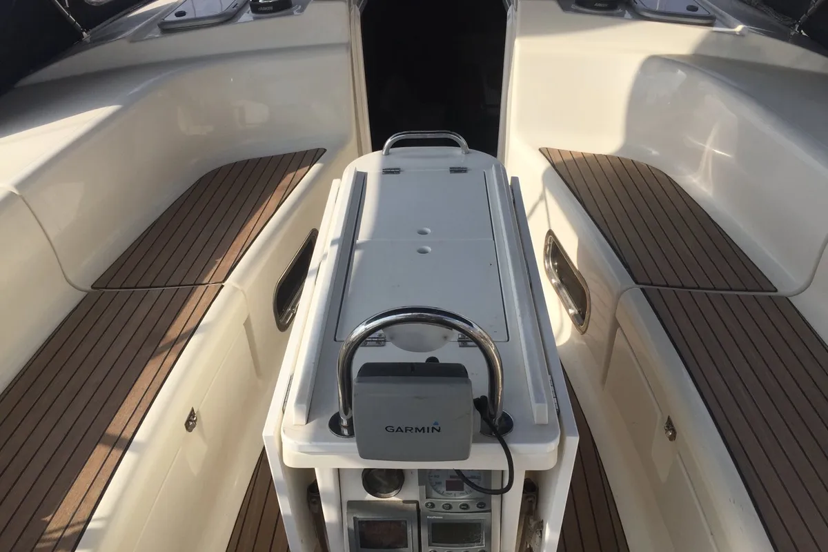 Cockpit of Stelios, a Bavaria 44 sailboat at Municipal Unit of Ellomenos, Greece