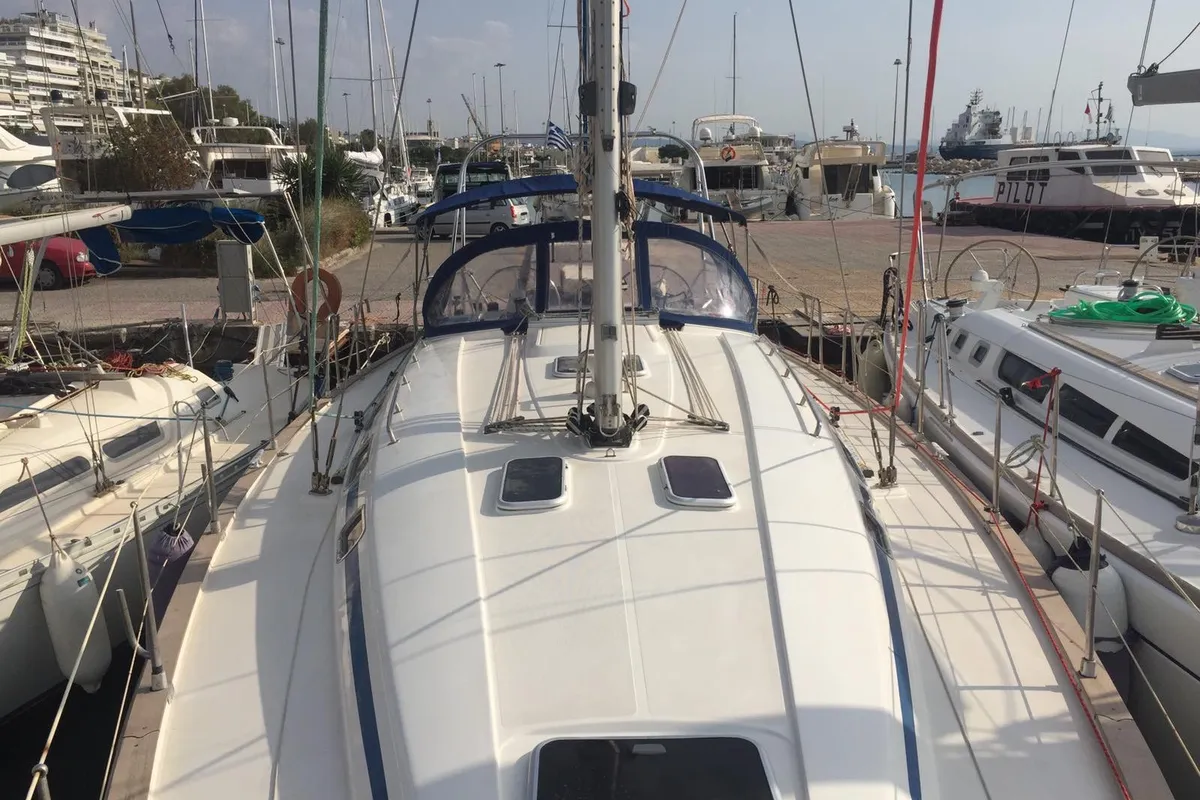 Deck of Stelios, a Bavaria 44 sailboat at Municipal Unit of Ellomenos, Greece