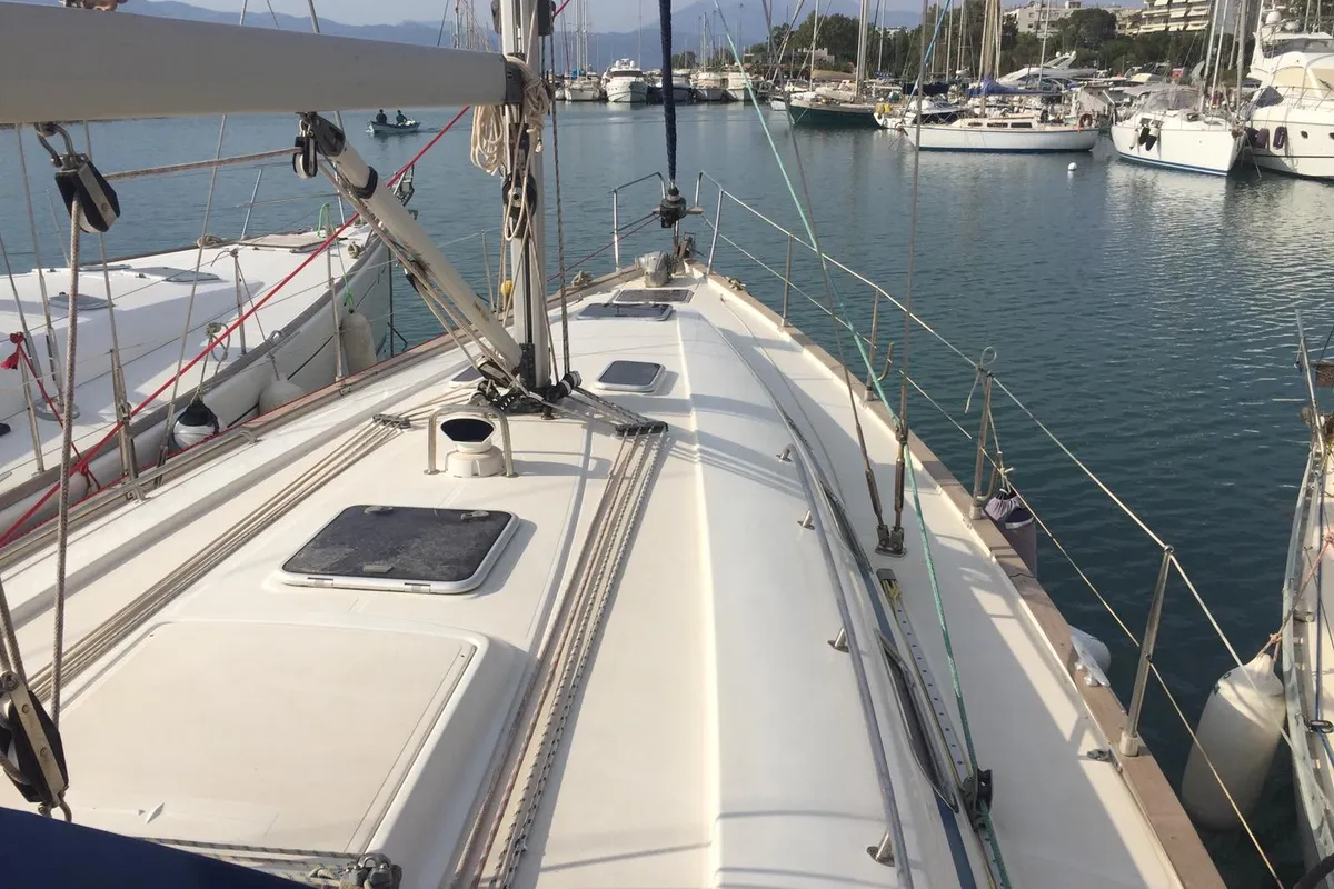 Deck of Stelios, a Bavaria 44 sailboat at Municipal Unit of Ellomenos, Greece