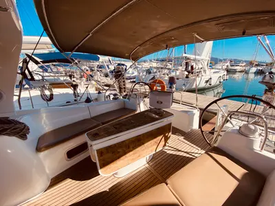 Deck of Pura Vida (Pax 12), a Beneteau Oceanis 50 sailboat at Municipal Unit of Lefkada, Greece