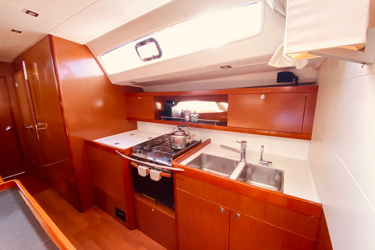 Galley of Pura Vida (Pax 12), a Beneteau Oceanis 50 sailboat at Municipal Unit of Lefkada, Greece