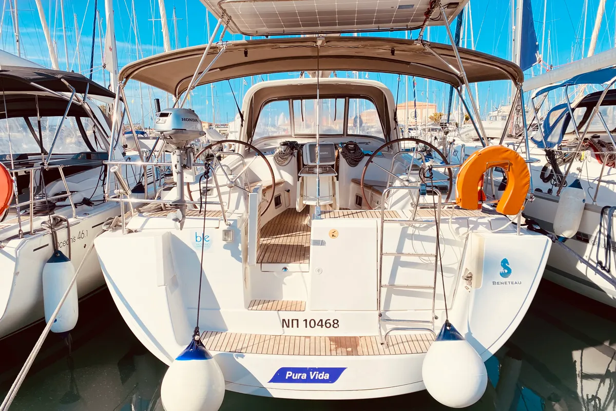 Exterior view of Pura Vida (Pax 12), a Beneteau Oceanis 50 sailboat at Municipal Unit of Lefkada, Greece