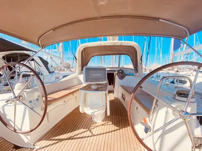 Cockpit of Pura Vida (Pax 12), a Beneteau Oceanis 50 sailboat at Municipal Unit of Lefkada, Greece