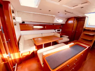 Salon of Pura Vida (Pax 12), a Beneteau Oceanis 50 sailboat at Municipal Unit of Lefkada, Greece