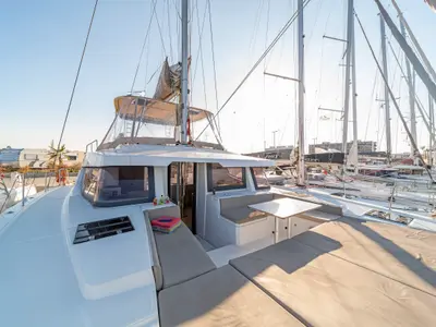 Deck of Rafaela, a Bali 4.6 catamaran at Preveza, Greece