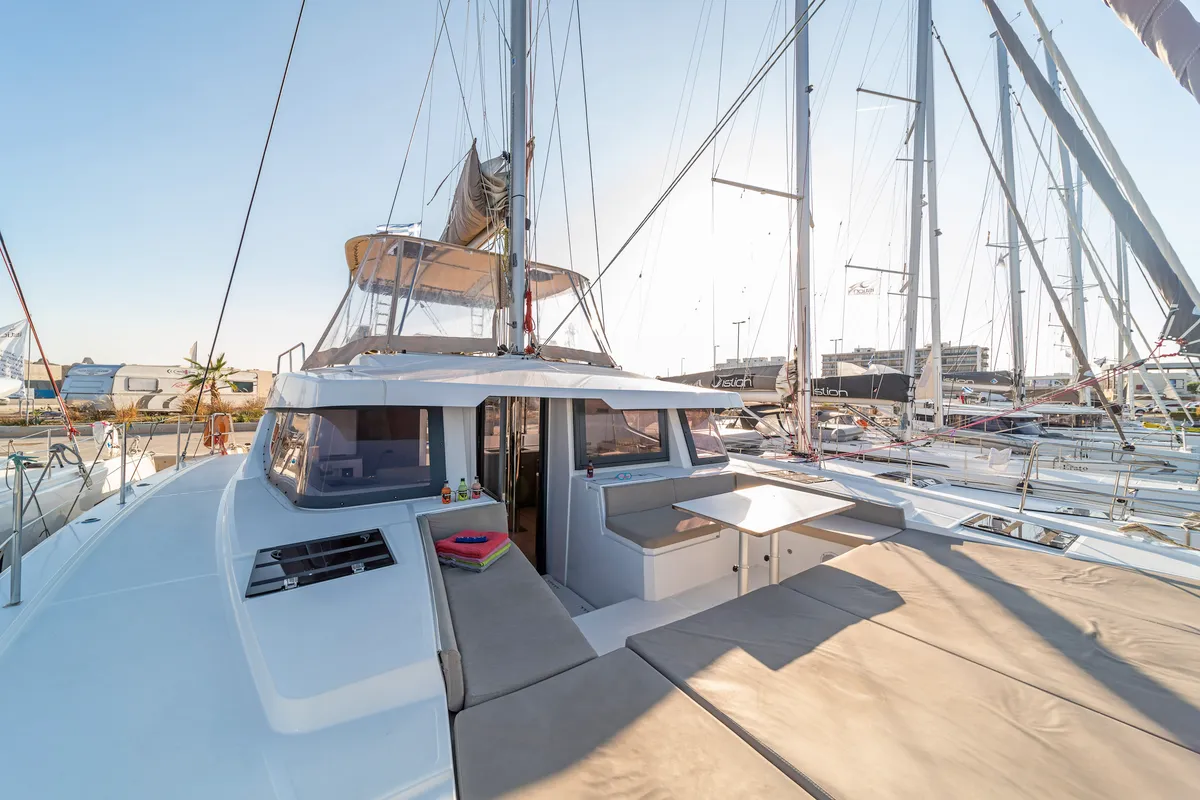 Deck of Rafaela, a Bali 4.6 catamaran at Preveza, Greece