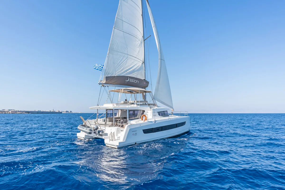 Exterior view of Rafaela, a Bali 4.6 catamaran at Preveza, Greece