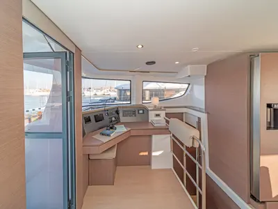 Cockpit of Rafaela, a Bali 4.6 catamaran at Preveza, Greece
