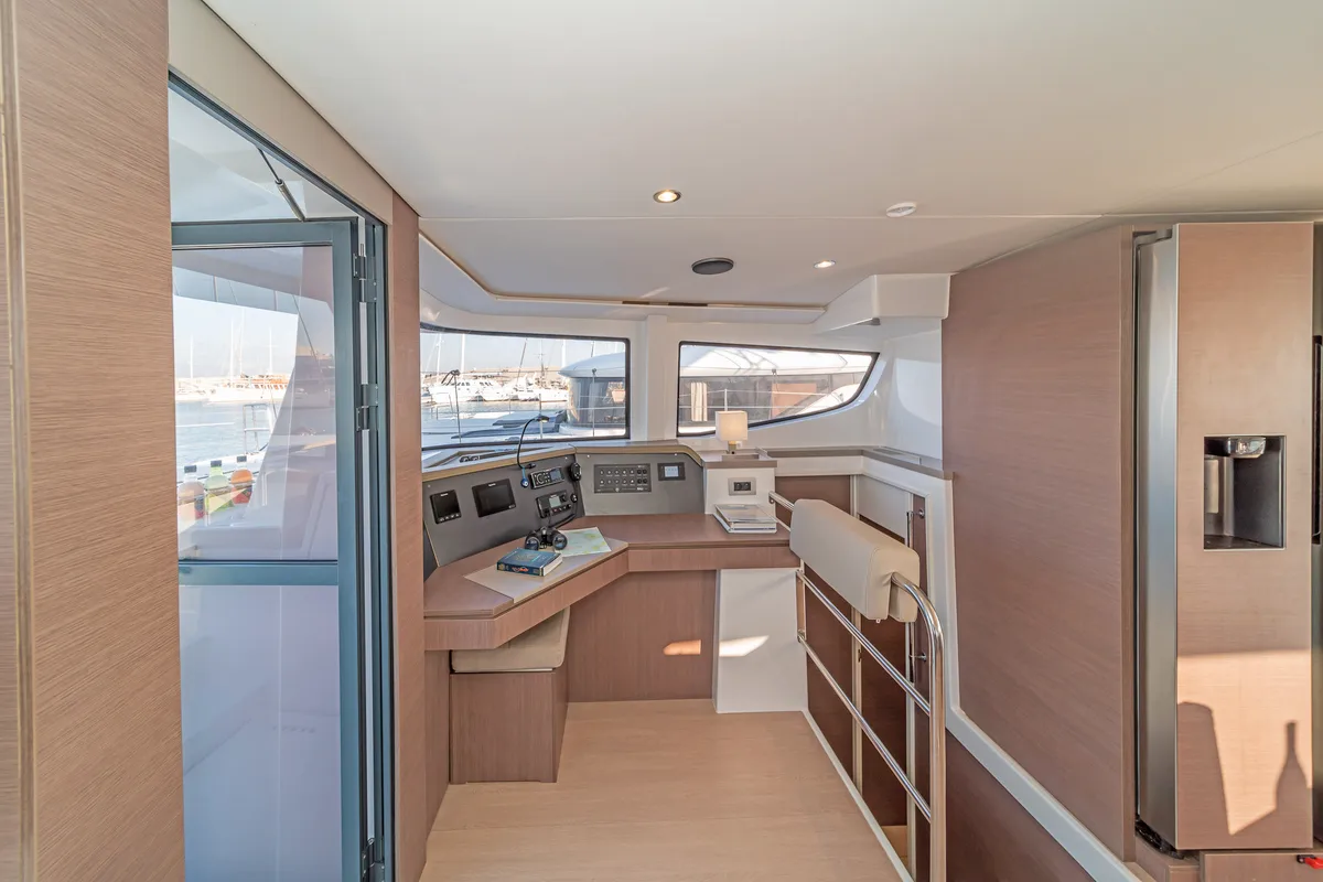 Cockpit of Rafaela, a Bali 4.6 catamaran at Preveza, Greece