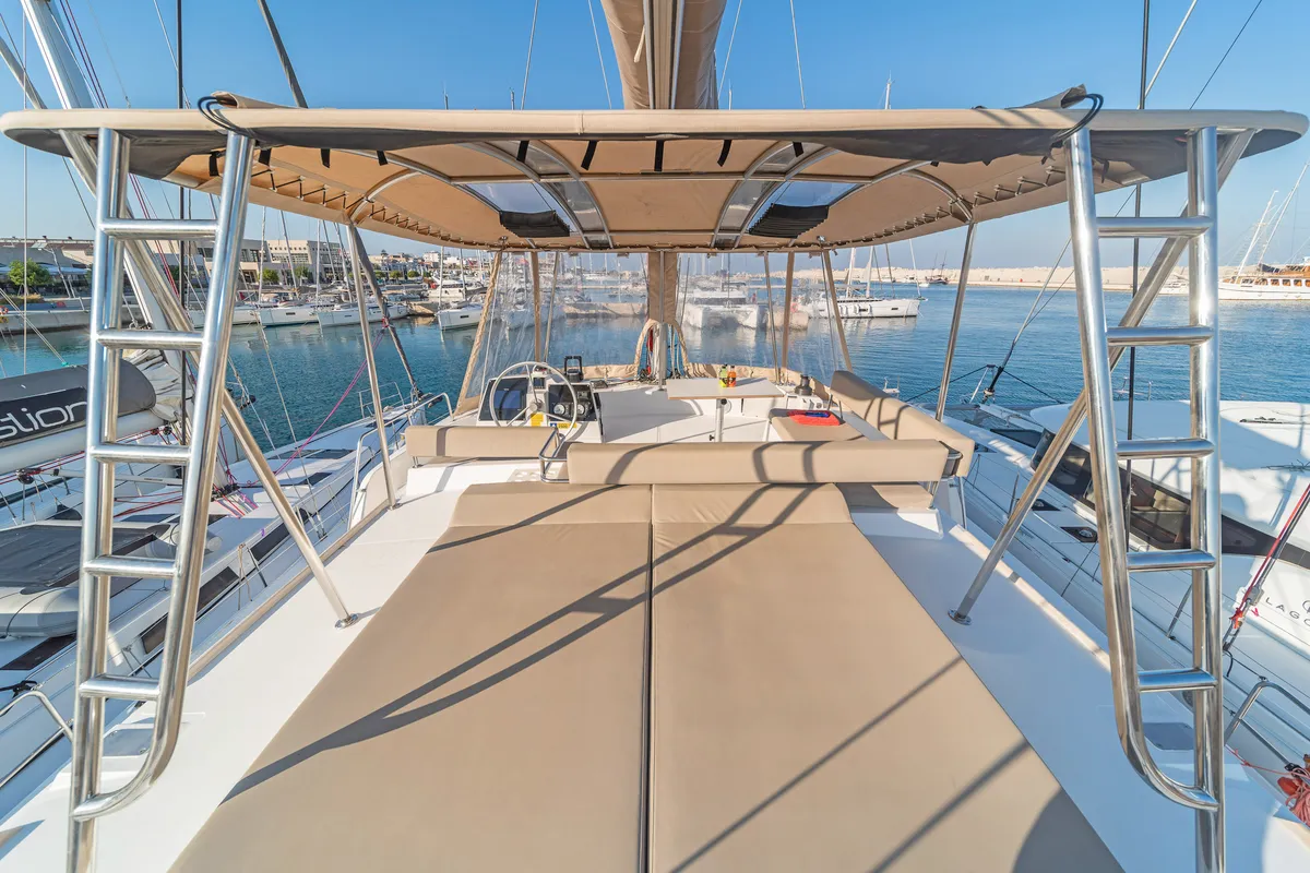 Cockpit of Rafaela, a Bali 4.6 catamaran at Preveza, Greece
