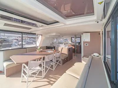 Salon of Rafaela, a Bali 4.6 catamaran at Preveza, Greece