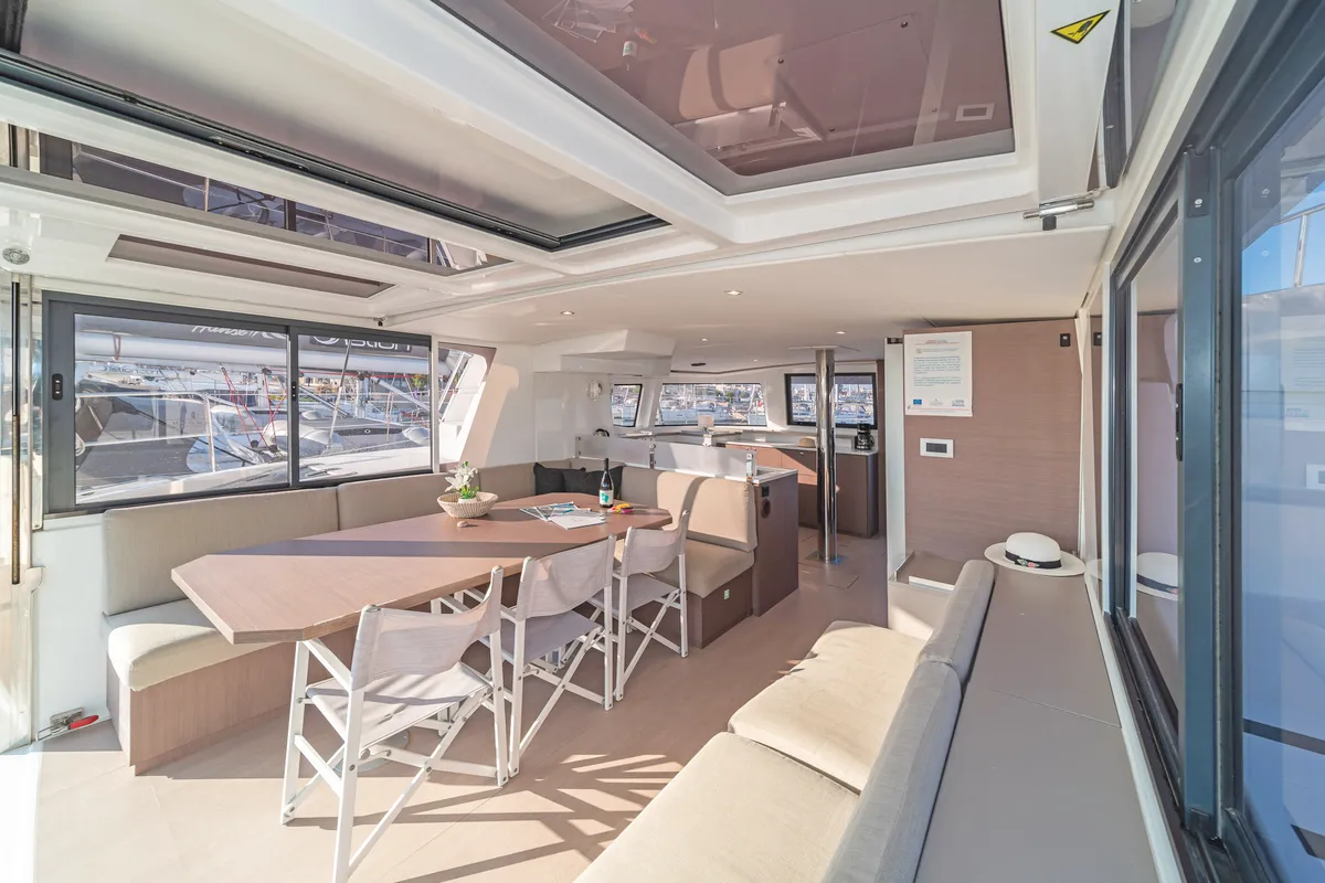 Salon of Rafaela, a Bali 4.6 catamaran at Preveza, Greece