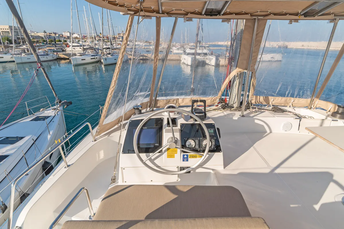 Cockpit of Rafaela, a Bali 4.6 catamaran at Preveza, Greece