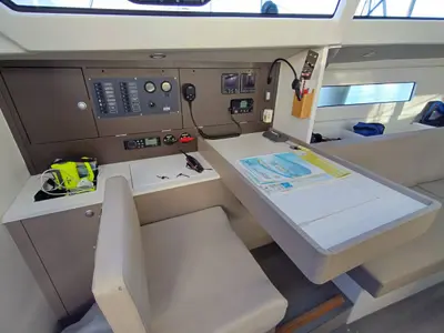 Cockpit of Bag Dir 3, a RM 1070 sailboat at Saint-Cast-le-Guildo, France