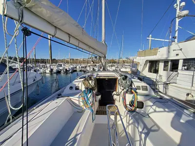 Deck of Bag Dir 3, a RM 1070 sailboat at Saint-Cast-le-Guildo, France
