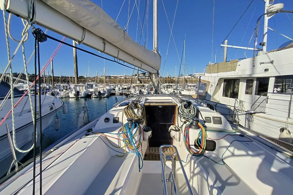 Deck of Bag Dir 3, a RM 1070 sailboat at Saint-Cast-le-Guildo, France