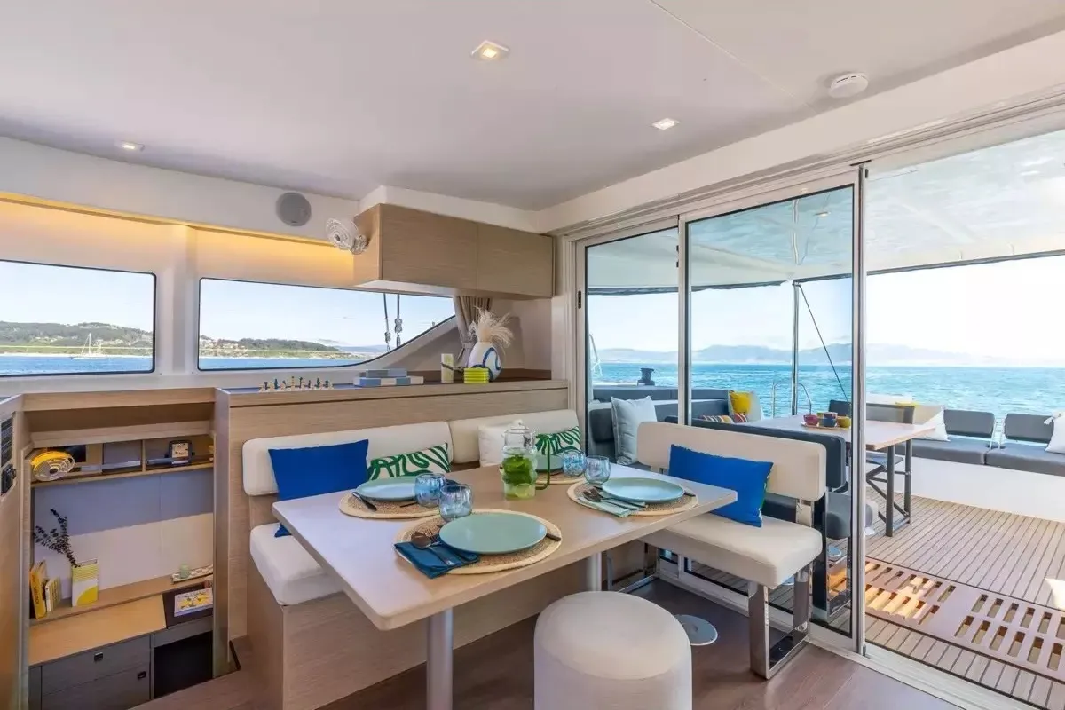 Exterior view of Nuvola, a Lagoon 43 catamaran at Olbia, Italy